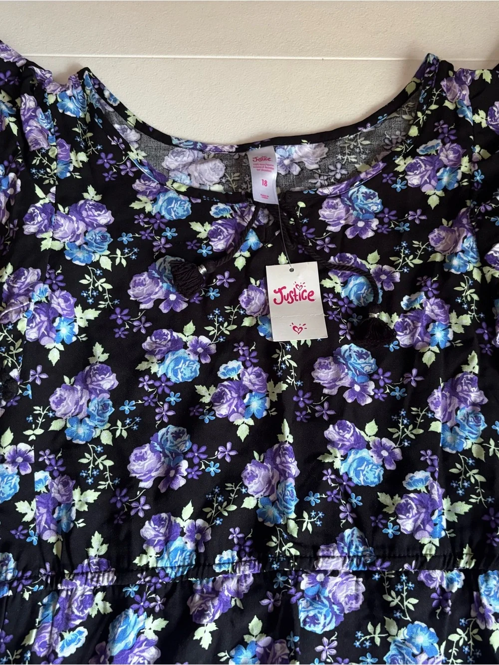 Justice Black Dress with Purple & Blue Floral Print